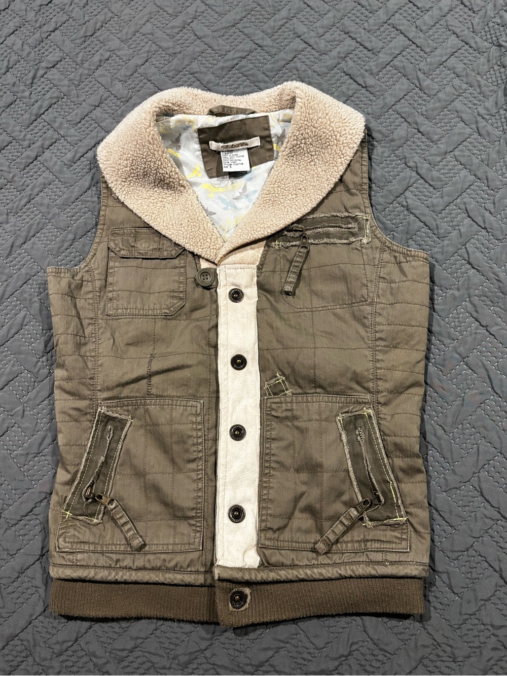 Vintage Billabong Olive Utility Sherpa Vest with Cream Trim
